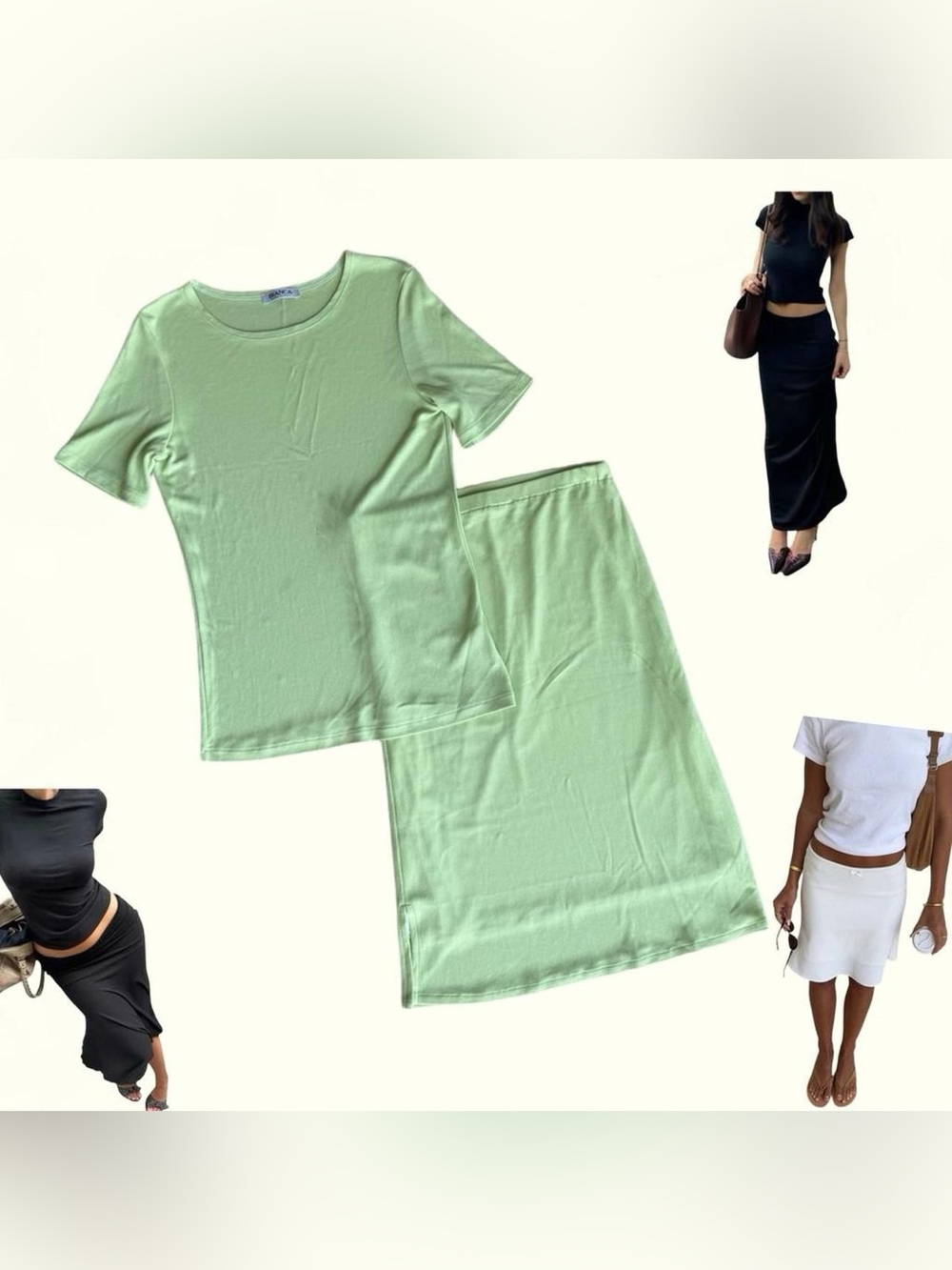 GORG Vtg Bianca Baby Green Pastel Two Piece Midi Skirt & Blouse Set- sz 12/Med